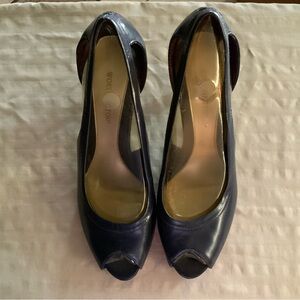 Worthington Navy Peep-Toe Leather Heels